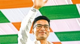 TMC general secretary Abhishek Banerjee was speaking at a press briefing outside the Election Commission of India’s (ECI) office in Delhi after a TMC delegation led by him met Kumar and other Election Commissioners. (PTI photo)