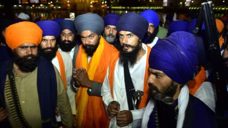 According to the state, Amritpal Singh (second from right) was in contact with anti-social elements, gangsters and Khalistani forces, and was conspiring to murder the 15 individuals. (Express Archive)