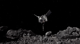 An artistic visualization of the OSIRIS-REx spacecraft descending towards asteroid Bennu to collect a sample. (NASA/Goddard/University of Arizona)