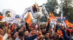 Vishva Hindu Parishad and Bajrang Dal members burn an effigy at Hazratganj crossing in Lucknow on Wednesday during a protest against the mob lynching of Dipu Chandra Das and the alleged atrocities against Hindu minorities in Bangladesh.