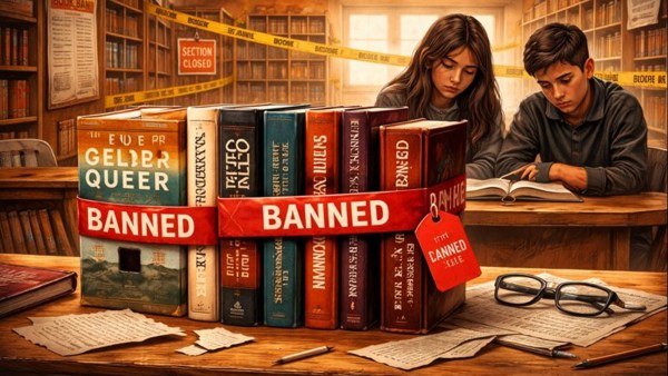 Book Bans: Most of the banned books carry stories that often provide language and context for experiences many students already encounter. (Generated using AI)