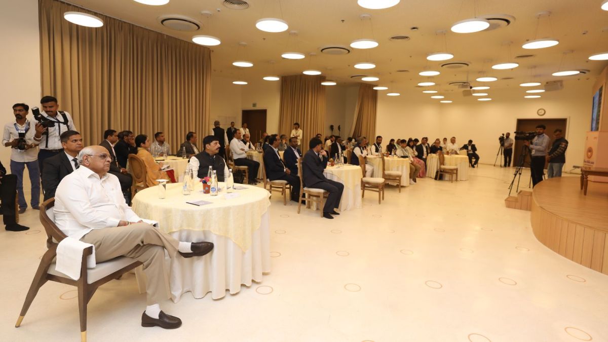 Gujarat CM Bhupendra Patel at the 12th Chintan Shibir in Ahmedabad, held after the city was confirmed as the host for the 2030 Commonwealth Games. (Express Photo)