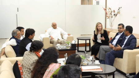 Gujarat CM Bhupendra Patel with Lauren Dreyer, vice-president, Starlink business operations