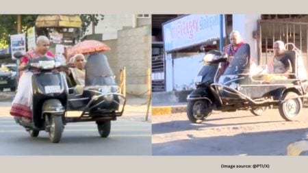In the viral video, Mandakini, fondly called Mandaben, can be confidently seen steering her scooter while Ushaben relaxes in the sidecar