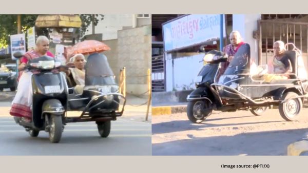 In the viral video, Mandakini, fondly called Mandaben, can be confidently seen steering her scooter while Ushaben relaxes in the sidecar