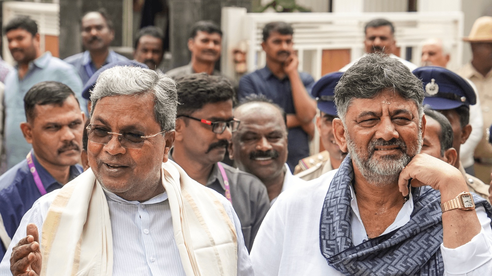 Karnataka C M Siddaramaiah and Deputy C M DK Shivakumar speak to the media after second round of breakfast meeting amid leadership tussle in the state, in Bengaluru, Tuesday, Dec. 2, 2025. (PTI Photo)