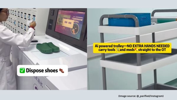 The Indian woman records the post-surgery protocol, which includes an automated system for disposing of used shoes and scrubs