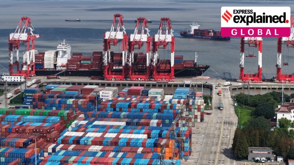 An aerial view of a container terminal in Shanghai, China, Monday, Dec. 8, 2025.