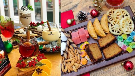 Fresh Eggnog, Glühwein (Hot Mulled Wine) at Doolally (left) and kuswar sweets (right).