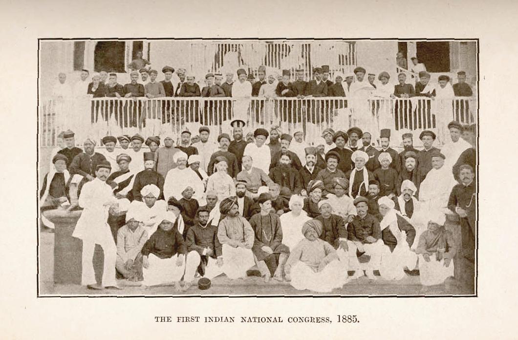 A. O. Hume, the founder of the Indian National Congress, is shown in the middle (third row from the front). To his right is Dadabhoy Nairoji; to his left, in sequence, are: W. C. Bonnerjee, Pherozeshah Mehta, and Gopal Krishna Gokhale.