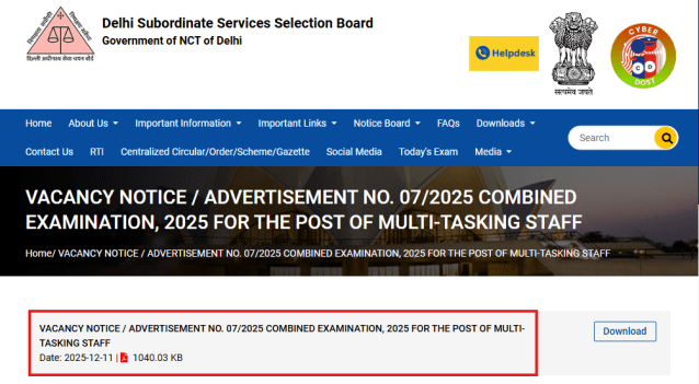 DSSSB MTS Recruitment 2025- Check vacancy, eligibility and more (Website screengrab)