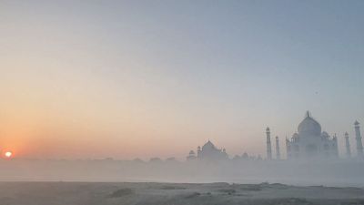 A layer of fog blankets the Taj Mahal in Agra UP.