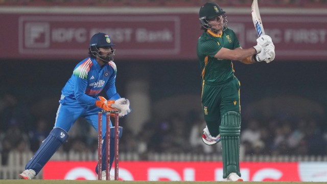 South Africa's Dewald Brevis in action during first ODI vs India in Ranchi. (PHOTO: AP)