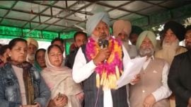 Finance minister Harpal Singh Cheema addressing masses in Dirba constituency of Sangrur district. (Express Photo)