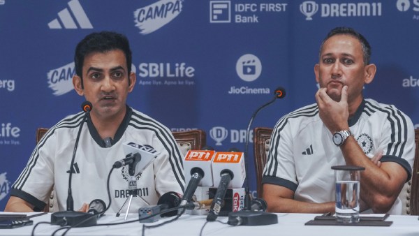 India men’s cricket team head coach Gautam Gambhir, left, and chief selector Ajit Agarkar address a press conference. (PHOTO: AP)