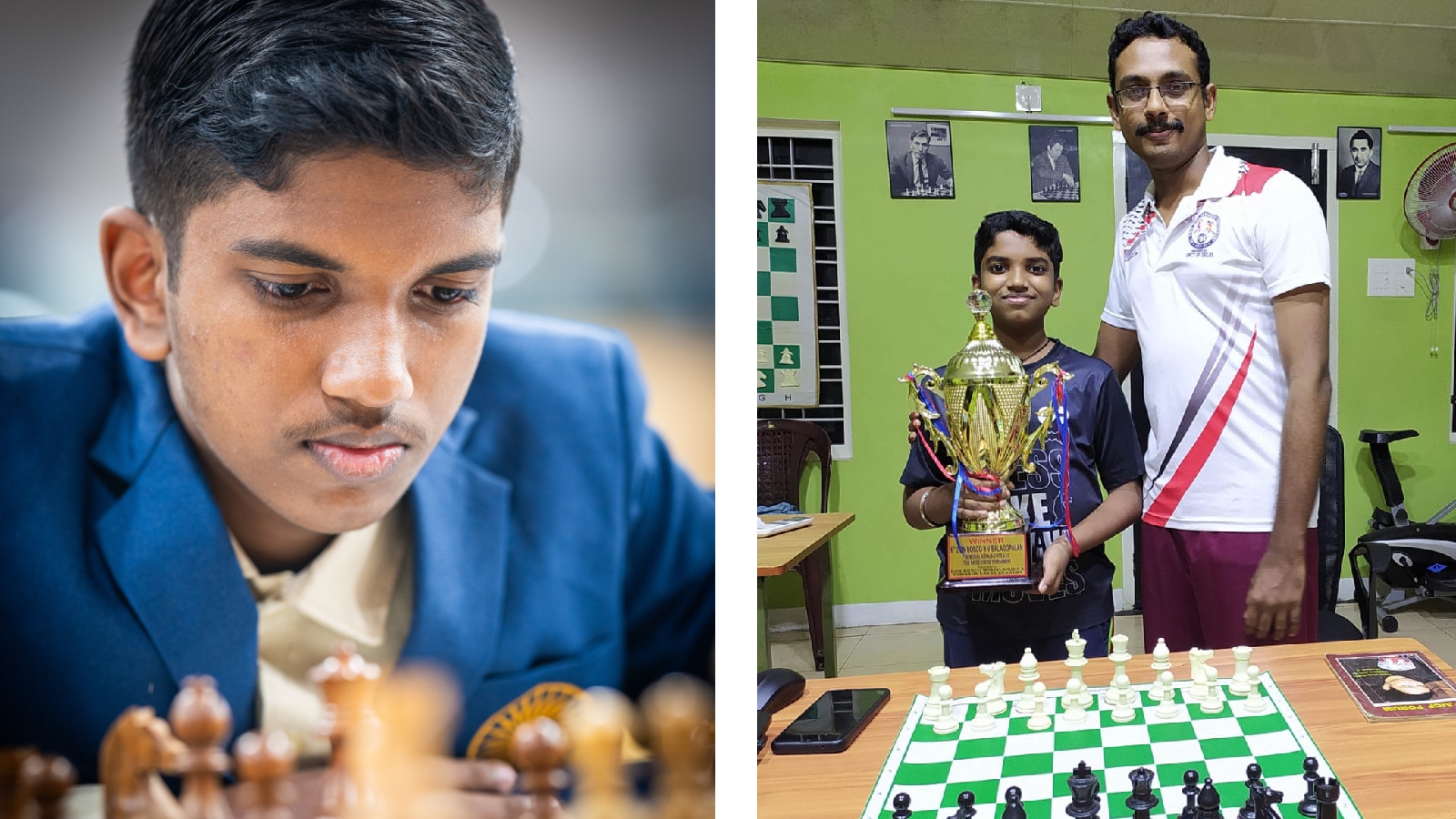 (LEFT) Goutham Krishna H contemplates his next move at the FIDE World Rapid and Blitz Championship in Doha on Friday; (RIGHT) Goutham with his mentor Sreejith GS at the Masters Chess Academy in Trivandrum. (PHOTOs: Lennart Ootes, Sreejith GS)