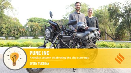 Satyajit Phadke (right) with co-founder Supriya Patwardhan with their Hydrogen Powered Motorcycle.