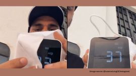 In the viral video, the man first showed the AQI in his area, which is Juhu Beach.