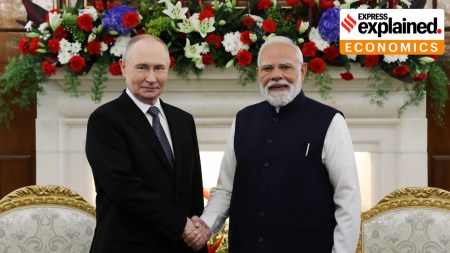 Russian President Vladimir Putin, left, and Indian Prime Minister Narendra Modi pose for a photo the talks at the Hyderabad House in New Delhi, India, Friday, Dec. 5, 2025. (Alexander Kazakov, Sputnik, Kremlin Pool Photo via AP)