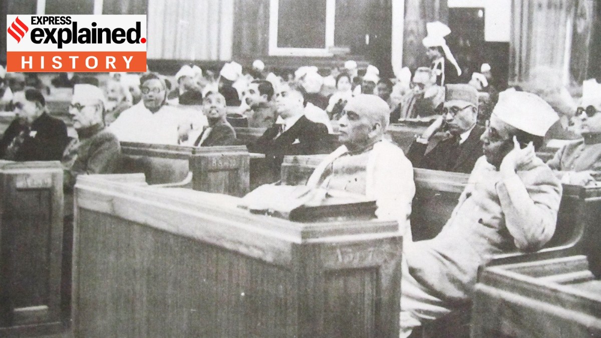 (L to R) Dr. B. R. Ambedkar, B. G. Kher, Vallabhai Patel and K. M. Munshi sitting in the front of the Constitution Hall during a meeting of the Constituent Assembly.