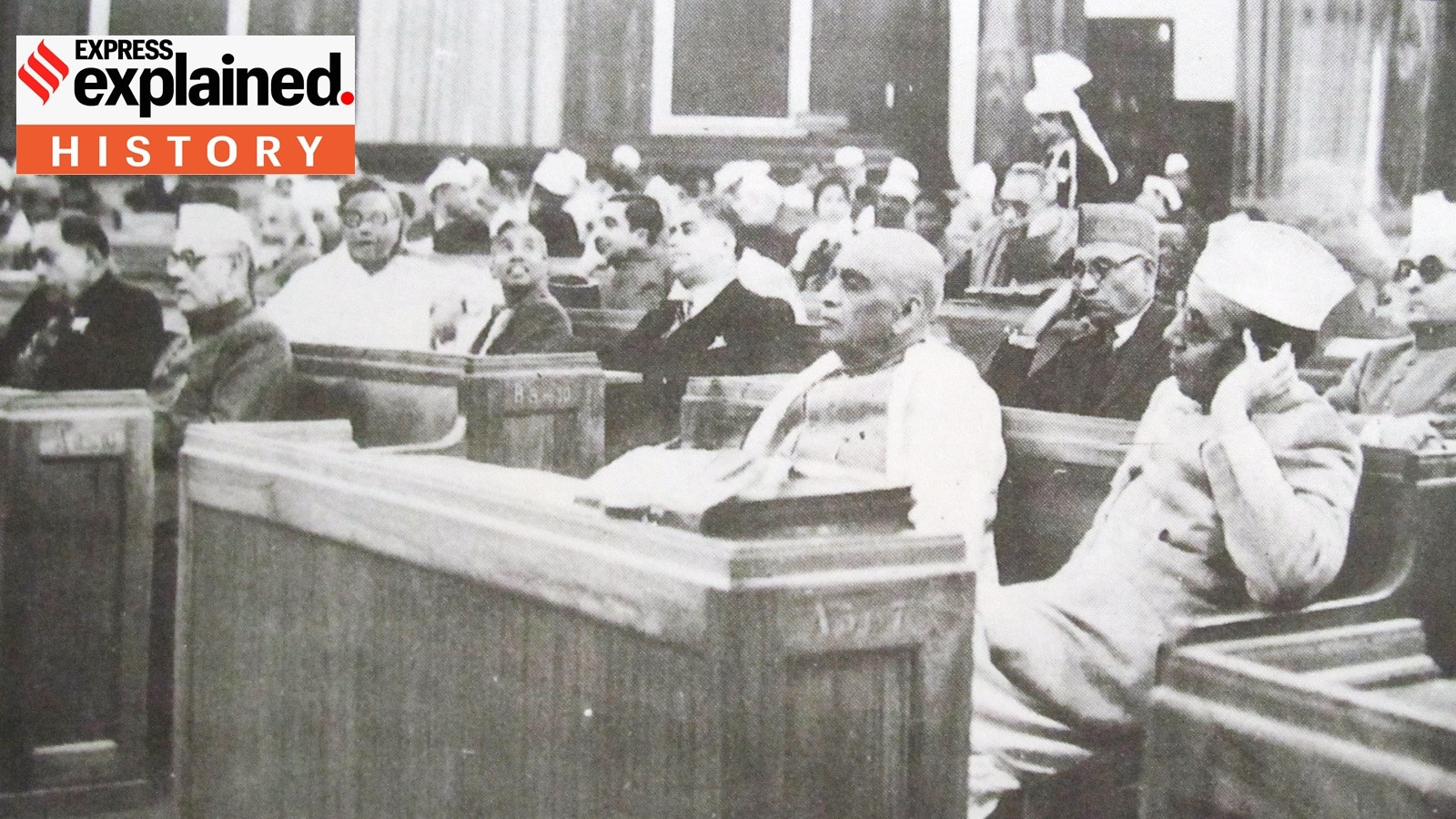 (L to R) Dr. B. R. Ambedkar, B. G. Kher, Vallabhai Patel and K. M. Munshi sitting in the front of the Constitution Hall during a meeting of the Constituent Assembly.
