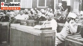 (L to R) Dr. B. R. Ambedkar, B. G. Kher, Vallabhai Patel and K. M. Munshi sitting in the front of the Constitution Hall during a meeting of the Constituent Assembly.