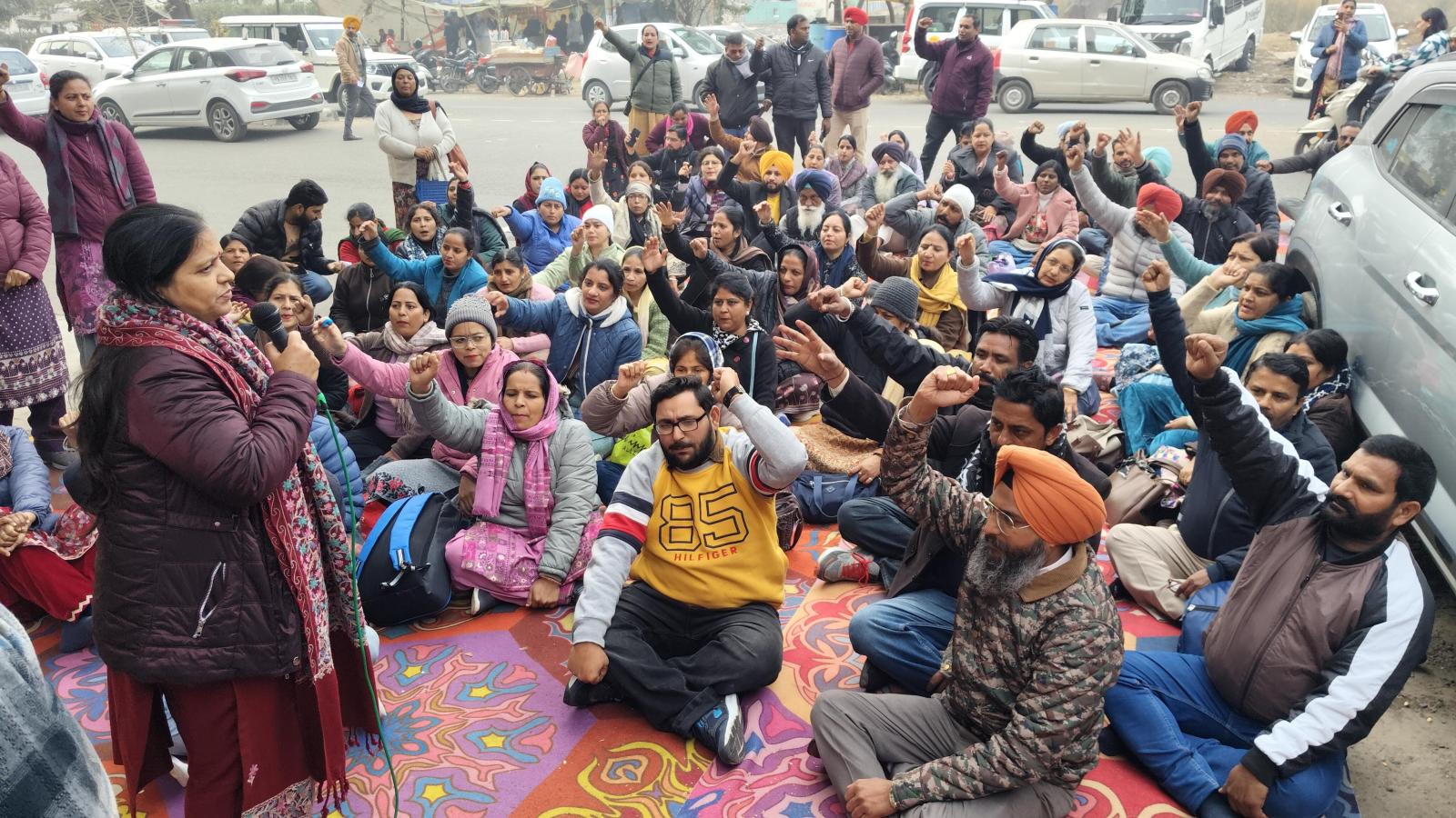 Special Educators’ Union members protest outside the Punjab Education Department building in Mohali's Phase 8 on Monday. (Express Photo by Jasbir Malhi)