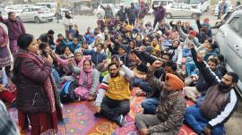 Special Educators’ Union members protest outside the Punjab Education Department building in Mohali's Phase 8 on Monday. (Express Photo by Jasbir Malhi)