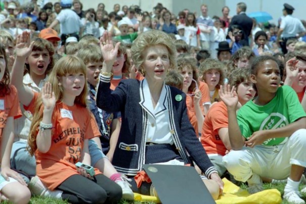 Nancy Reagan with children taking part in a "Just Say No" walk at the Washington Monument in 1988. Ronald Reagan Presidential Library