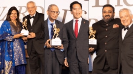 L-R: Kiran Mazumdar-Shaw, founder, chairperson of Biocon Group with Yannis Yortsos, Dean of USC Viterbi School of Engineering; Narayana Murthy, founder Infosys, Beong-Soo Kim, Interim President of USC; Sandeep Tandon, founder-chairman Syrma SGS Tech and Infinix (Photos via USC)