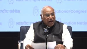 Congress president Mallikarjun Kharge addresses a press conference on Saturday after the CWC meeting.