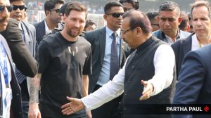 Lionel Messi with West Bengal Sports Minister Aroop Biswas at Salt Lake Stadium during his G.O.A.T India Tour 2025, in Kolkata. (Express Photo/Partha Paul)