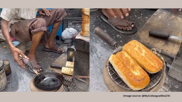 The viral video shows the street vendor slicing a toast and roasting it on a traditional chulha