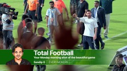 Lionel Messi waves at fans along with his Inter Miami teammate Luis Suarez at the Wankhede Stadium in Mumbai, as part of Messi's India tour. (Express photo by Ganesh Shirshekar)