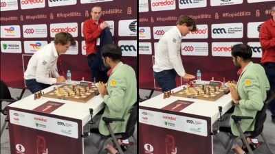 Magnus Carlsen slams table after losing to Arjun Erigaisi at World Blitz Championship. (PHOTO: Screengrab/X)