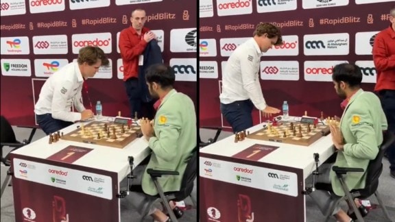 Magnus Carlsen slams table after losing to Arjun Erigaisi at World Blitz Championship. (PHOTO: Screengrab/X)