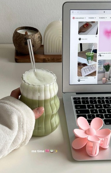 An Instagram user posts an aesthetic story with her matcha tea prominently displayed. The caption says: 'me time'.