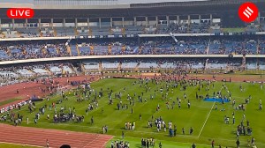 Lionel Messi India GOAT Tour Live Updates: Fans pelted the grounds with chairs and bottles after the Argentine football legend left the Salt Lake Stadium in Kolkata in 20 minutes today. (Express Photo by Sayak Dutta)