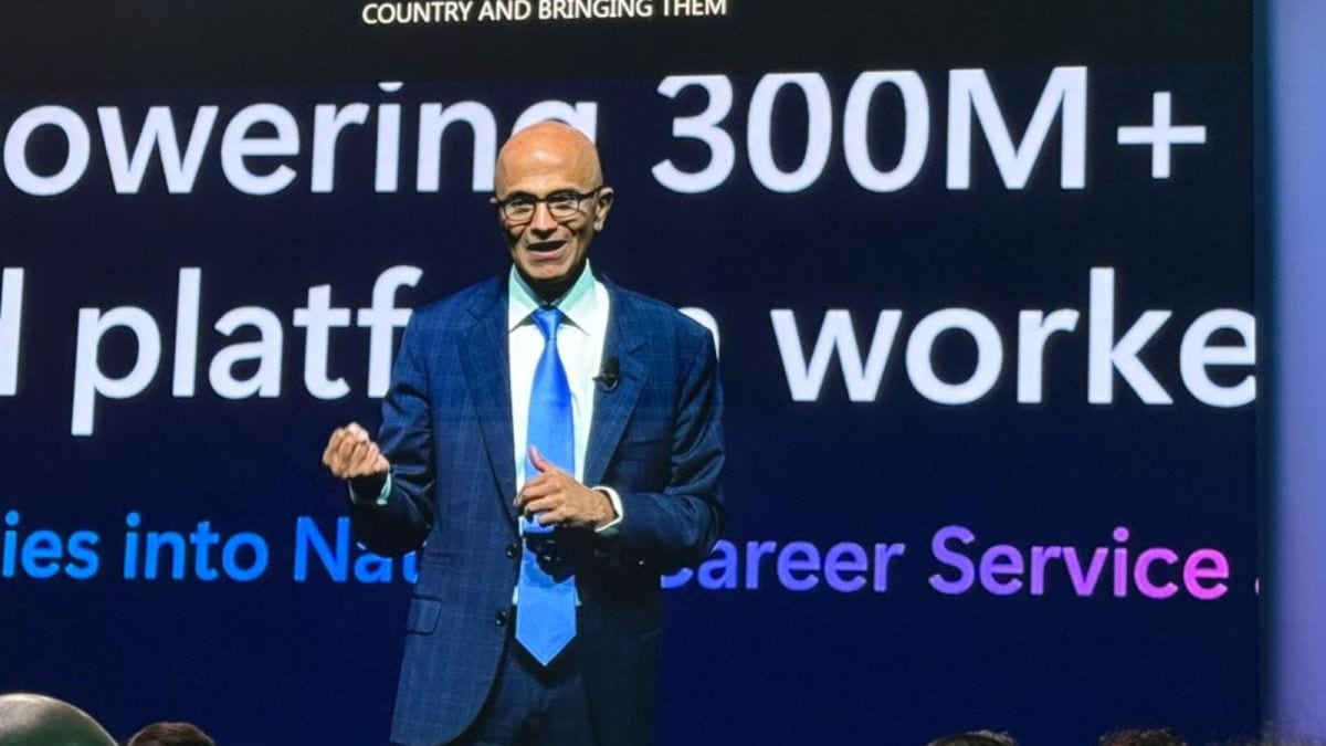 Speaking in New Delhi, Nadella outlined Microsoft’s $17.5 billion commitment to India and a multi-layer AI strategy aimed at accelerating innovation, human-centred design, and nationwide digital transformation. (Image: Bijin Joe/The Indian Express)