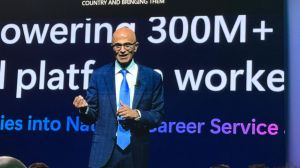 Speaking in New Delhi, Nadella outlined Microsoft’s $17.5 billion commitment to India and a multi-layer AI strategy aimed at accelerating innovation, human-centred design, and nationwide digital transformation. (Image: Bijin Joe/The Indian Express)