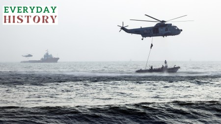 Rehearsal underway for Navy Day celebrations at the Shanghumugham beach in Thiruvananthapuram on Monday.