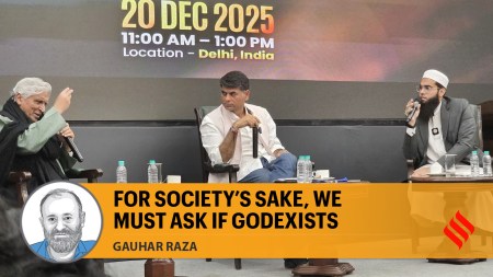 Lyricist Javed Akhtar with Islamic scholar Mufti Shamail Nadwi during a debate moderated by journalist Saurabh Dwivedi on the existence of God, in New Delhi on Saturday. (Express)