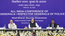 PM Narendra Modi, Union Home Minister Amit Shah and IB Director Tapan Kumar Deka at the conference in Raipur on Sunday. ANI Urgent need to transform people’s perception of police: PM to officers