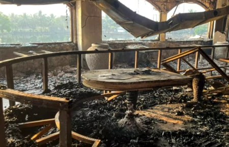 Charred remains at the nightclub where a fire broke out due to a cylinder blast, in North Goa district. At least 25 persons were killed and six others suffered injuries in the incident, according to officials. (PTI Photo)