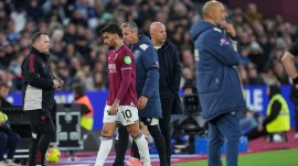 West Ham's Lucas Paqueta leaves the field after getting a red card during the English Premier League soccer match between West Ham United and Liverpool, in London. (PHOTO: AP)