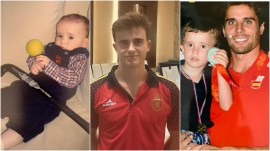 (Left) An infant Pere Amat with a hockey stick. (Centre) Pere Amat in Chennai for the FIH Junior World Cup 2025. (Express photo); (Right) Pere Amat with his uncle Pol Amat, one of the Spain's greatest players (Image via special arrangement)
