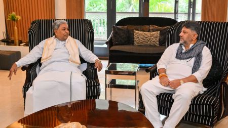 Karnataka Chief Minister Siddaramaiah and his deputy D K Shivakumar