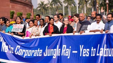 Congress Parliamentary Party Chairperson Sonia Gandhi, Lok Sabha LoP Rahul Gandhi, Congress President Mallikarjun Kharge, Congress MP Priyanka Gandhi and other Opposition MPs protest against labour laws in the Parliament premises during the ongoing Winter Session, in New Delhi on Wednesday. (Photo/PTI)