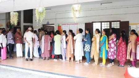 Voters queuing up at a polling station in Ernakulam district. (Photo Credit: PRD, Kerala)
