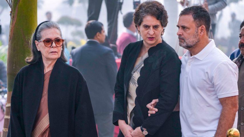 Leader of Opposition in the Lok Sabha Rahul Gandhi, right, with Congress MPs Sonia Gandhi, left, and Priyanka Gandhi Vadra. (PTI Photo)
